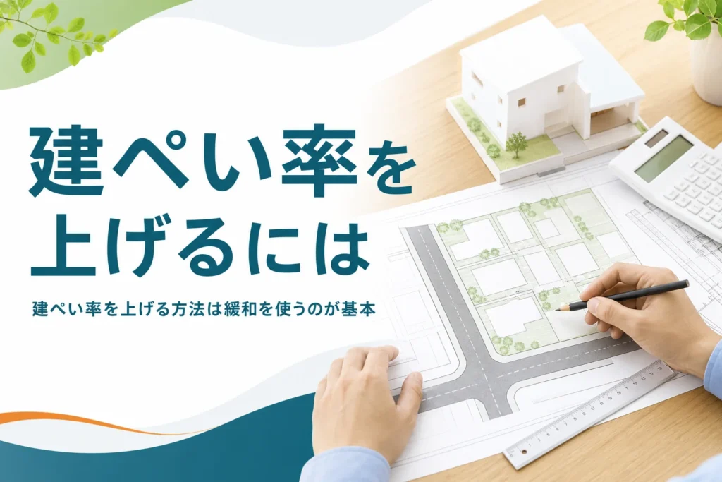 建ぺい率を上げる方法を紹介する記事のアイキャッチ。角地の敷地図と家の模型、定規と電卓