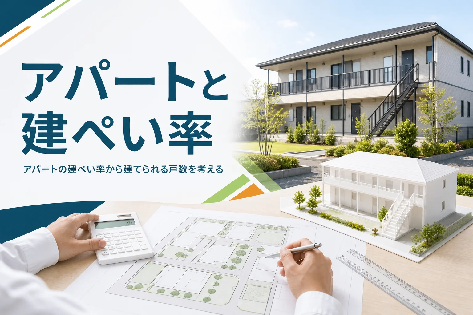 アパート経営と建ぺい率を紹介する記事のアイキャッチ。2階建てアパートと敷地図、建物の模型