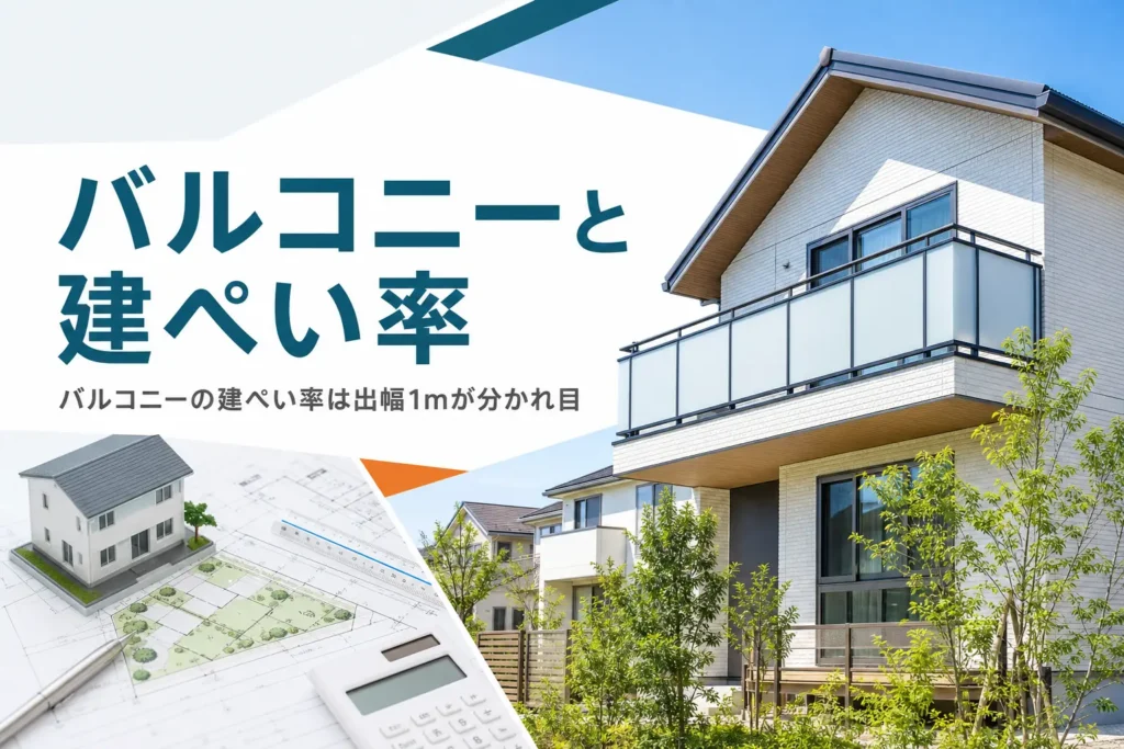 バルコニー・ベランダが建ぺい率に入るかを紹介する記事のアイキャッチ。2階に張り出したバルコニーのある家