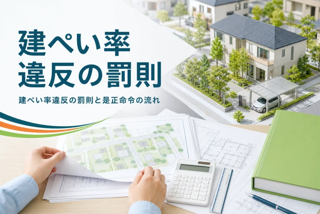 建ぺい率違反の罰則と是正命令を紹介する記事のアイキャッチ。住宅街の家と敷地図・法令集