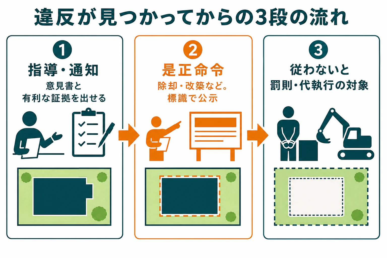 建ぺい率違反が見つかってから、通知と意見書、是正命令と公示、命令に従わない時の罰則と代執行までを3段の時間軸で示した図解