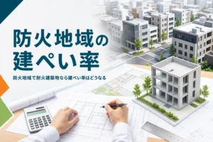防火地域の建ぺい率を紹介する記事のアイキャッチ。建物が並ぶ街並みと図面、建物の模型