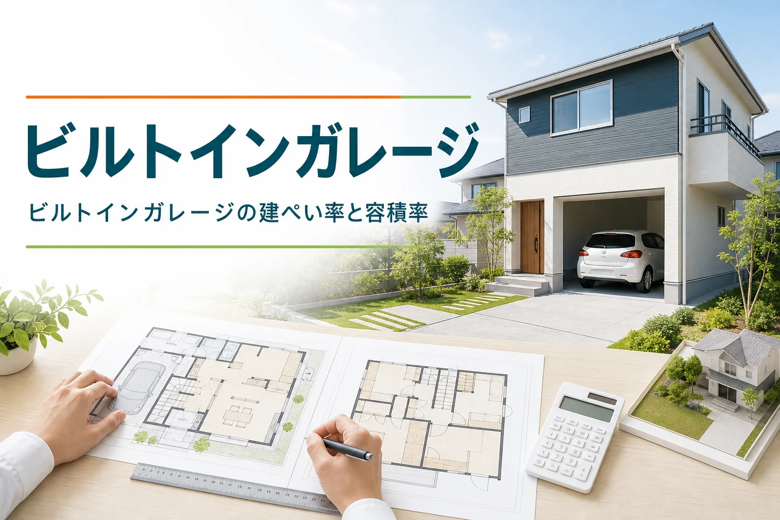 ビルトインガレージの建ぺい率と容積率を紹介する記事のアイキャッチ。1階に車庫のある家と間取り図