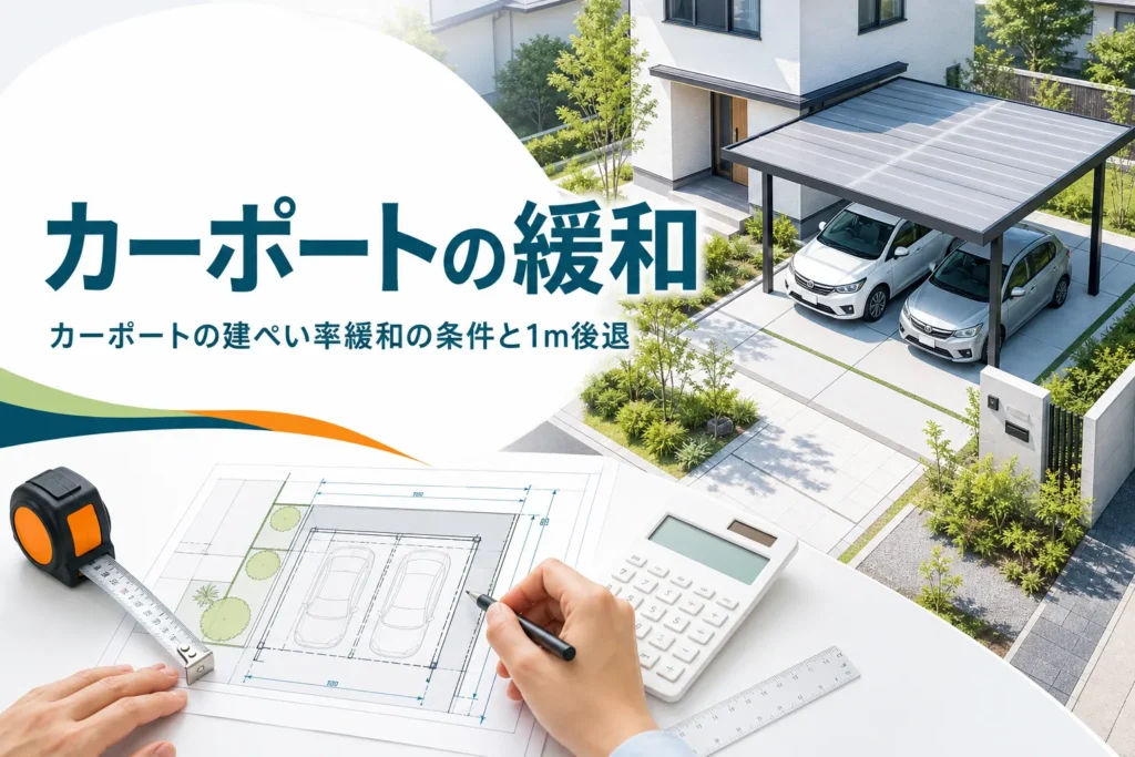 カーポートの建ぺい率緩和を紹介する記事のアイキャッチ。開放的なカーポートのある家と敷地図