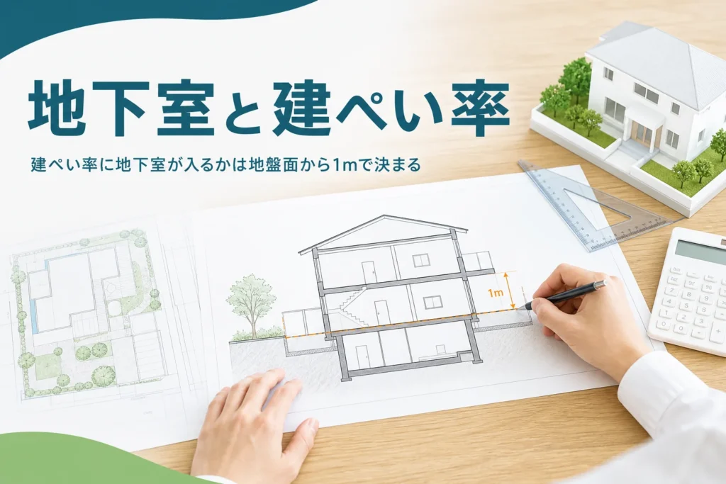 地下室・半地下が建ぺい率に入るかを紹介する記事のアイキャッチ。地下室のある家の断面図と模型