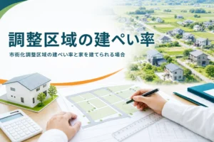市街化調整区域の建ぺい率を紹介する記事のアイキャッチ。田畑の中に家がまばらに建つ郊外と敷地図
