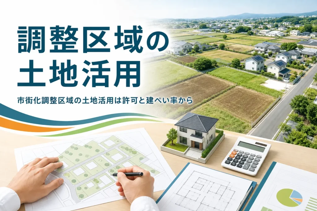 市街化調整区域の土地活用を紹介する記事のアイキャッチ。郊外の空き地と敷地図、建物の模型