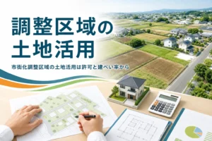市街化調整区域の土地活用を紹介する記事のアイキャッチ。郊外の空き地と敷地図、建物の模型