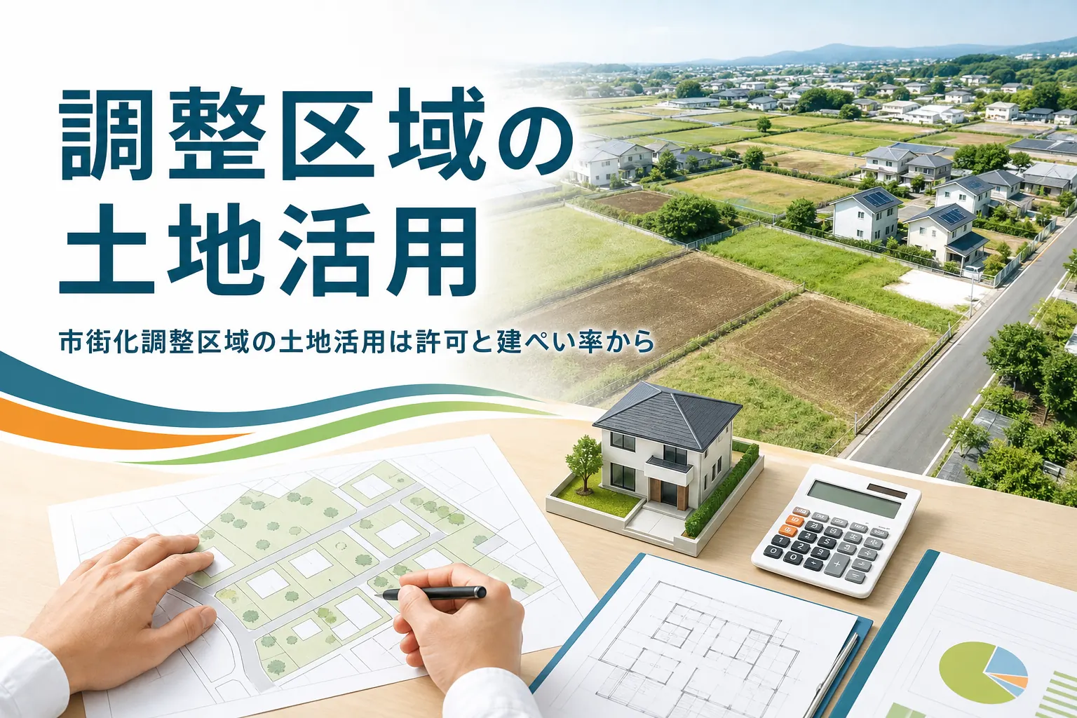 市街化調整区域の土地活用を紹介する記事のアイキャッチ。郊外の空き地と敷地図、建物の模型
