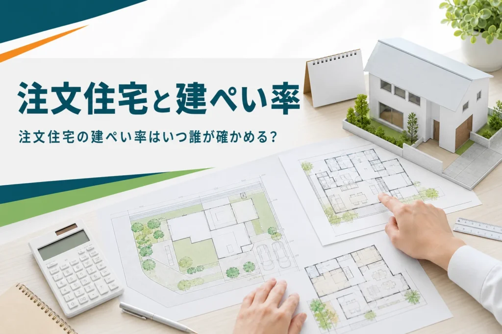 注文住宅の流れと建ぺい率を紹介する記事のアイキャッチ。間取り図と家の模型が並ぶ打ち合わせの机
