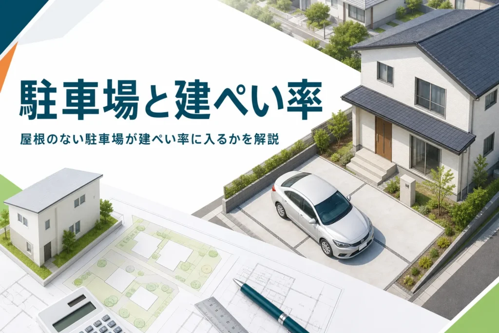 屋根のない駐車場が建ぺい率に入るかを紹介する記事のアイキャッチ。家の前の屋根のない駐車スペース
