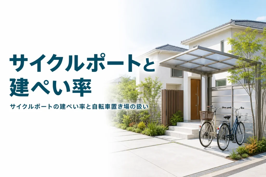 サイクルポートが建ぺい率に入るかを紹介する記事のアイキャッチ。家の横のサイクルポートと自転車