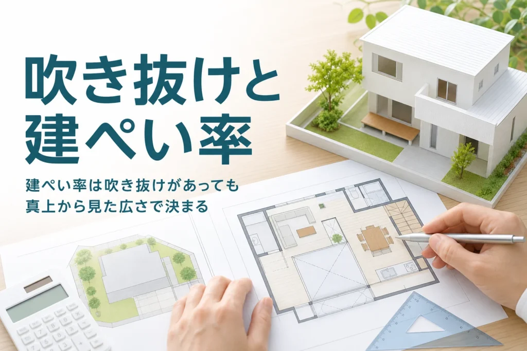 吹き抜けと2階が広い家の建ぺい率を紹介する記事のアイキャッチ。2階が張り出した家の模型と平面図