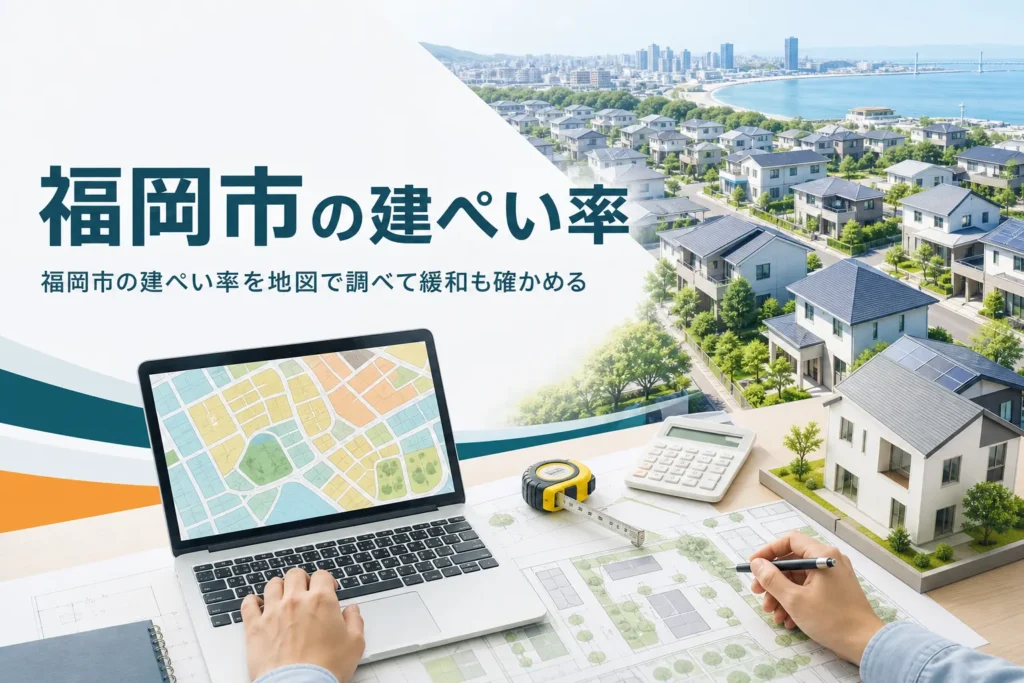 福岡市の建ぺい率の調べ方と緩和を紹介する記事のアイキャッチ。住宅街と色分けされた地図、敷地図