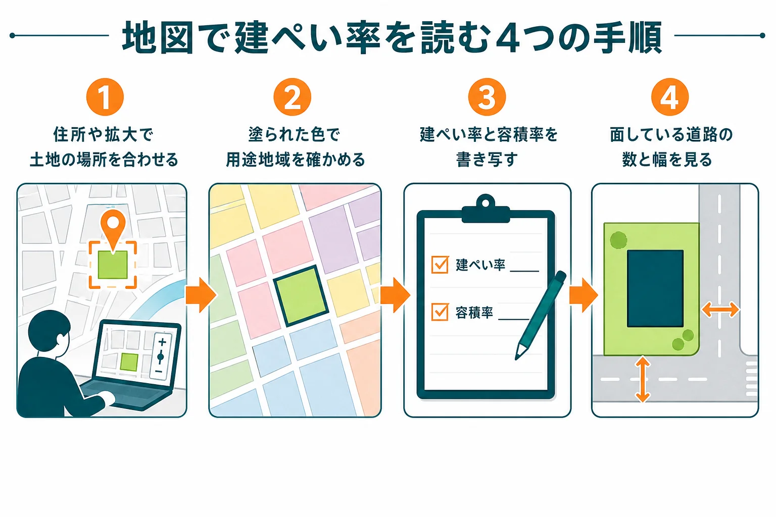 福岡市Webまっぷで建ぺい率を読む4つの手順を、場所合わせから道路の確認まで順に示した図解