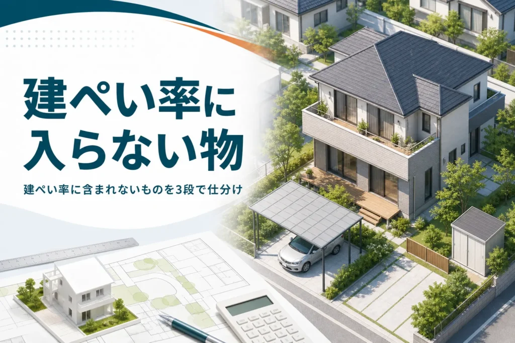 建ぺい率に含まれないものを紹介する記事のアイキャッチ。バルコニーやカーポート、物置のある家