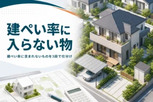 建ぺい率に含まれないものを紹介する記事のアイキャッチ。バルコニーやカーポート、物置のある家