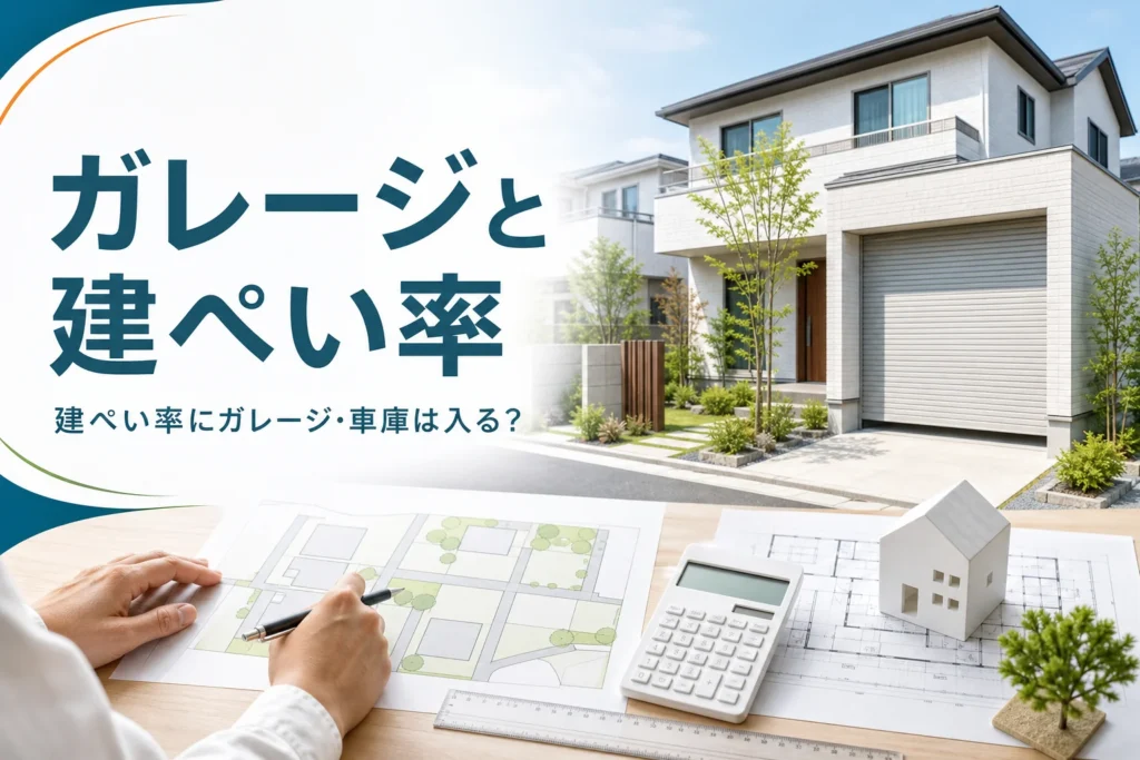 ガレージ・車庫の建ぺい率を紹介する記事のアイキャッチ。シャッター付きガレージのある家と敷地図
