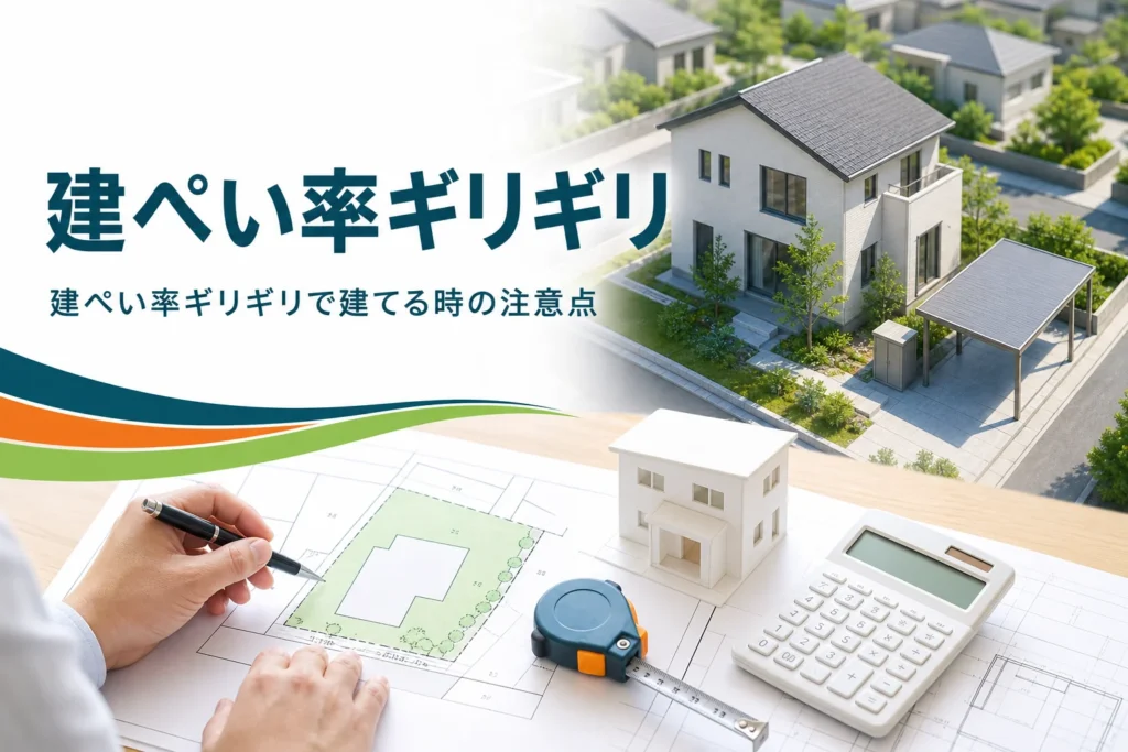 建ぺい率ギリギリで建てる時の注意点を紹介する記事のアイキャッチ。カーポートのある一戸建てと敷地図