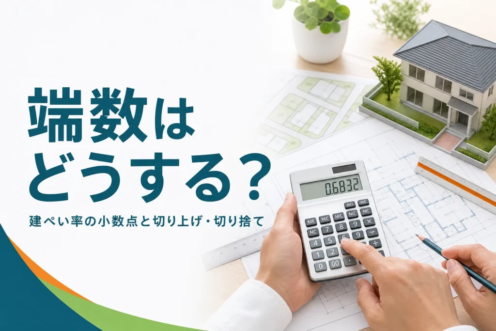 建ぺい率の小数点と端数処理を紹介する記事のアイキャッチ。図面と電卓