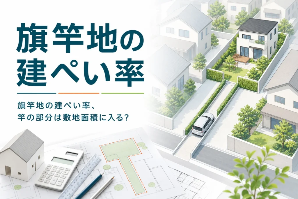 旗竿地の建ぺい率を紹介する記事のアイキャッチ。細い通路の奥に家が建つ旗竿地