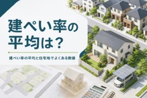 建ぺい率の平均と目安を紹介する記事のアイキャッチ。斜め上から見た住宅街の家と庭