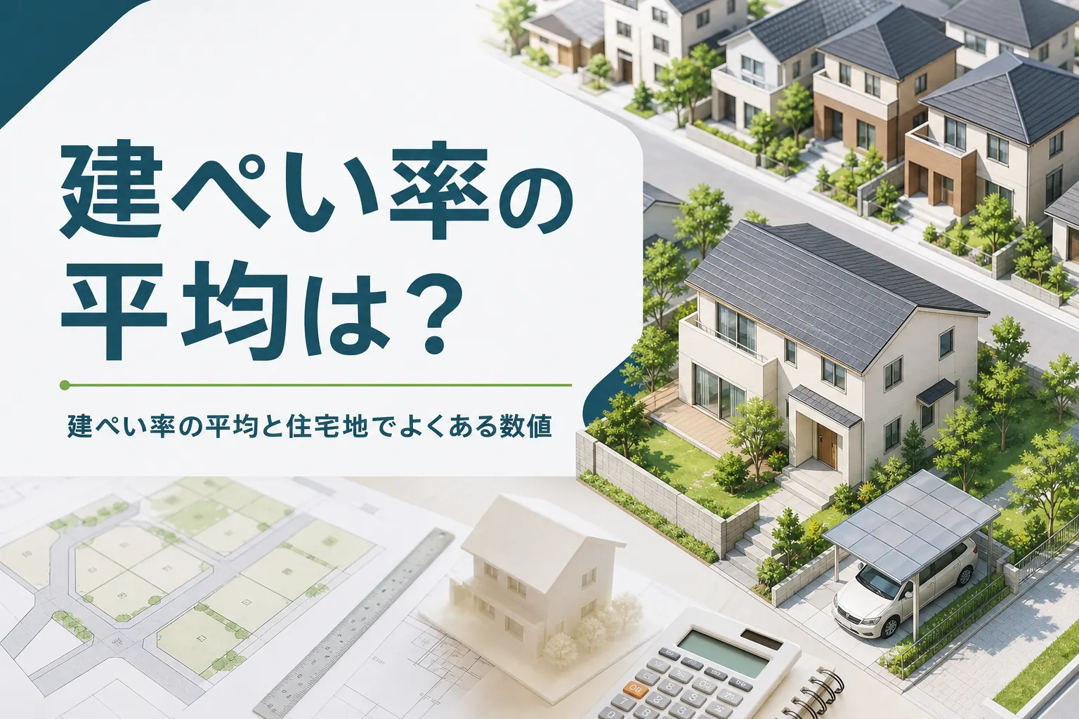 建ぺい率の平均と目安を紹介する記事のアイキャッチ。斜め上から見た住宅街の家と庭