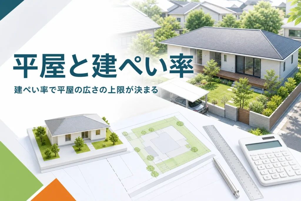 平屋と建ぺい率の関係を紹介する記事のアイキャッチ。平屋の家と敷地図、模型を置いた机