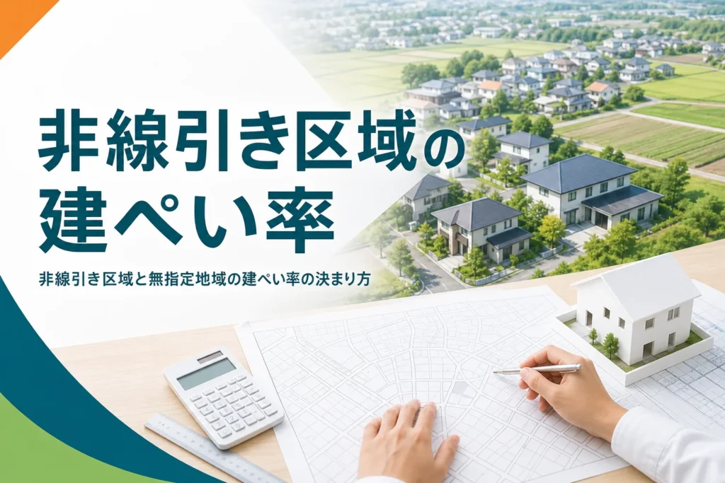 非線引き区域の建ぺい率を紹介する記事のアイキャッチ。郊外の町並みと地図、家の模型