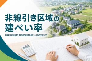 非線引き区域の建ぺい率を紹介する記事のアイキャッチ。郊外の町並みと地図、家の模型