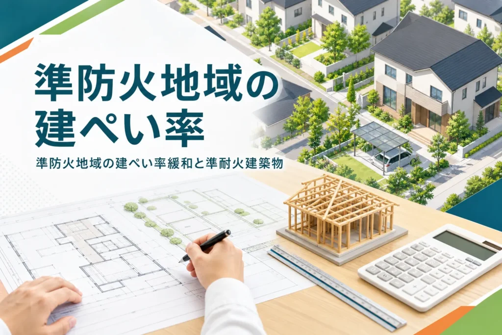 準防火地域の建ぺい率を紹介する記事のアイキャッチ。住宅街と図面、木造住宅の模型