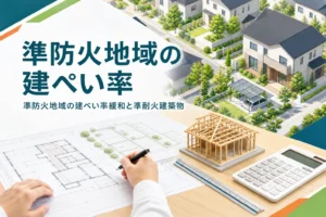 準防火地域の建ぺい率を紹介する記事のアイキャッチ。住宅街と図面、木造住宅の模型