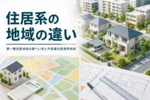 第一種住居地域の建ぺい率を紹介する記事のアイキャッチ。戸建てと中層の集合住宅が並ぶ住宅街