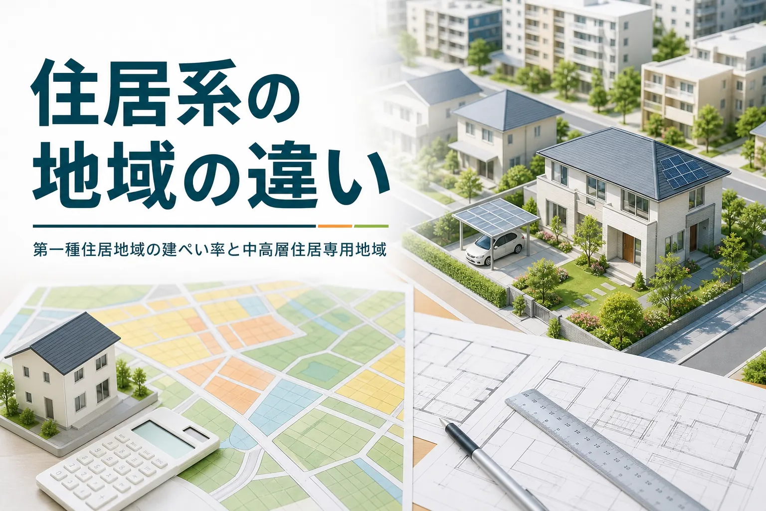 第一種住居地域の建ぺい率を紹介する記事のアイキャッチ。戸建てと中層の集合住宅が並ぶ住宅街