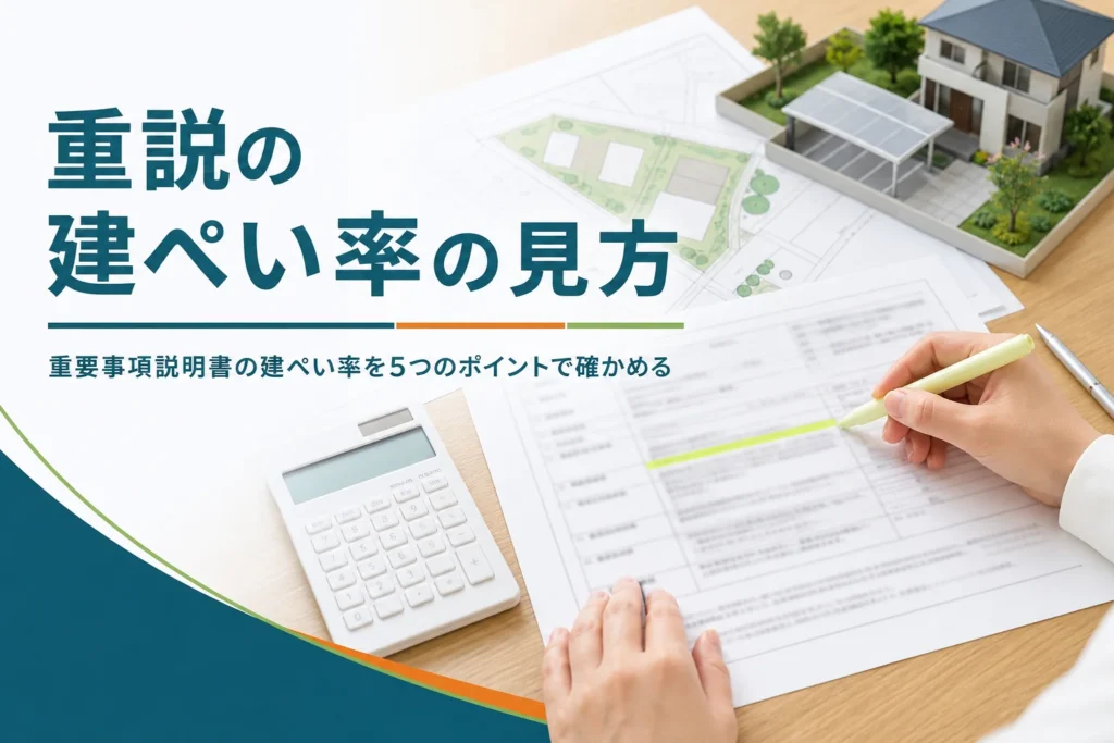 重要事項説明書の建ぺい率の見方を紹介する記事のアイキャッチ。机に広げた書類と図面