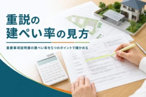 重要事項説明書の建ぺい率の見方を紹介する記事のアイキャッチ。机に広げた書類と図面