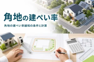角地の建ぺい率を紹介する記事のアイキャッチ。角地の住宅と敷地図、家の模型