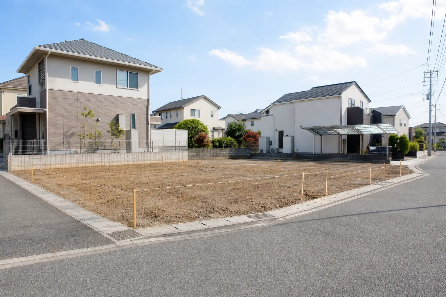 角地緩和を確かめる前の土地のイメージとして、二本の道路に面した角の分譲地