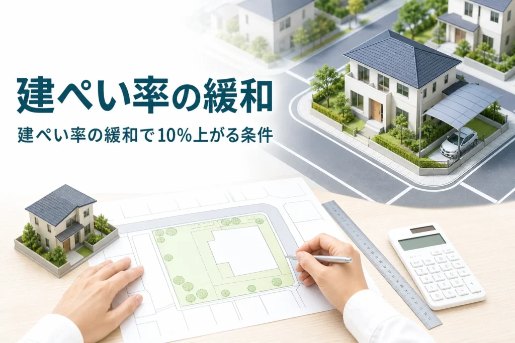 建ぺい率の緩和を紹介する記事のアイキャッチ。角地に建つ家と敷地図、家の模型