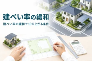 建ぺい率の緩和を紹介する記事のアイキャッチ。角地に建つ家と敷地図、家の模型