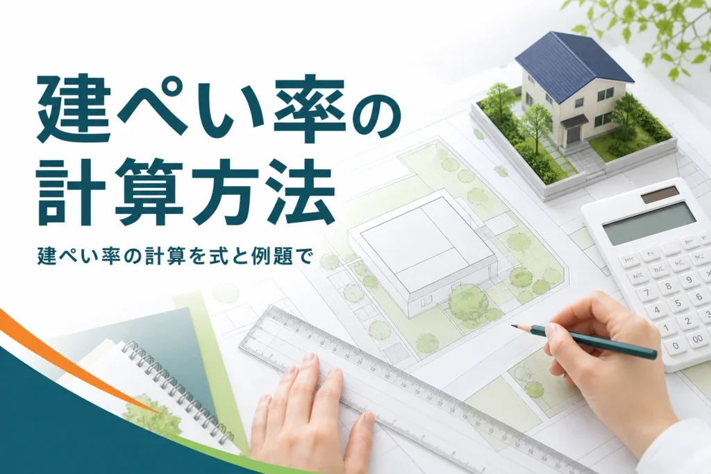 建ぺい率の計算方法を紹介する記事のアイキャッチ。敷地図と電卓、家の模型を置いた机