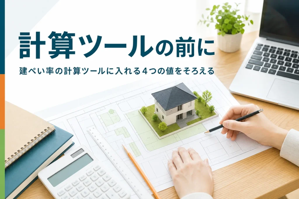 建ぺい率の計算ツールの使い方を紹介する記事のアイキャッチ。敷地図と電卓、ノートパソコン