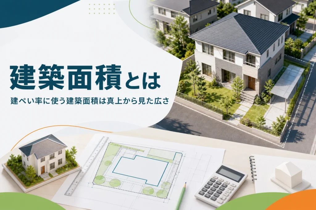 建築面積とは何かを紹介する記事のアイキャッチ。真上から見た家と地面に落ちる影