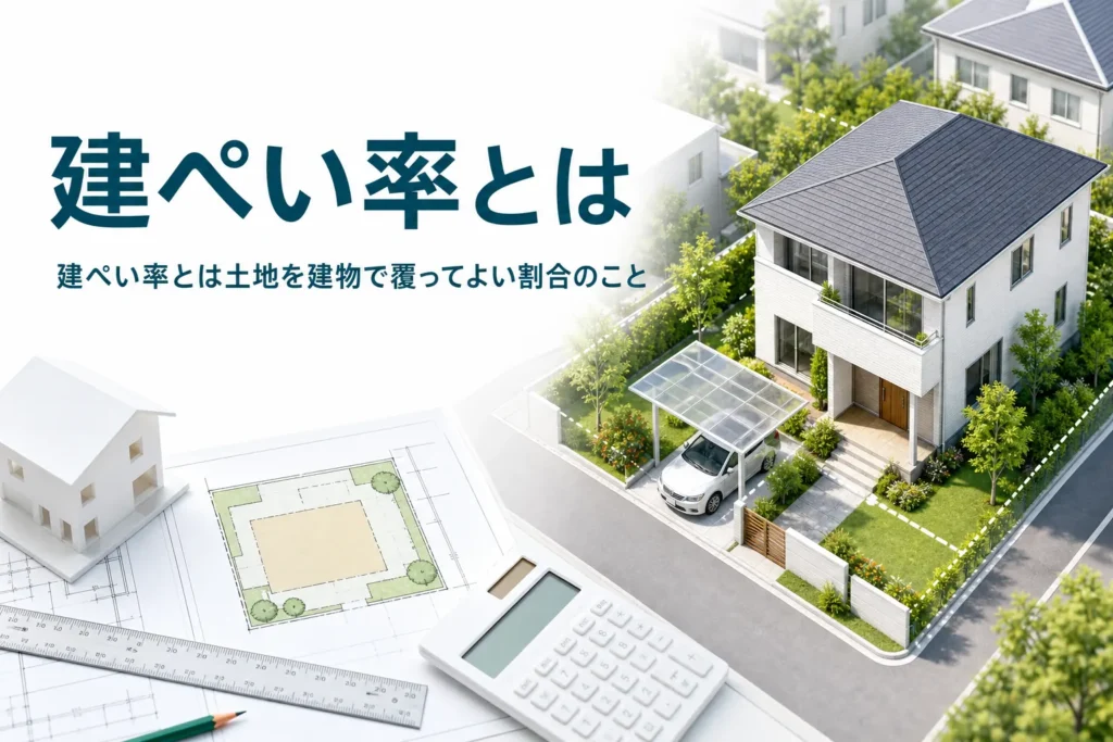 建ぺい率とは何かを紹介する記事のアイキャッチ。敷地の中に建つ家を斜め上から見た様子