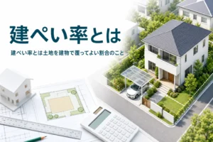 建ぺい率とは何かを紹介する記事のアイキャッチ。敷地の中に建つ家を斜め上から見た様子