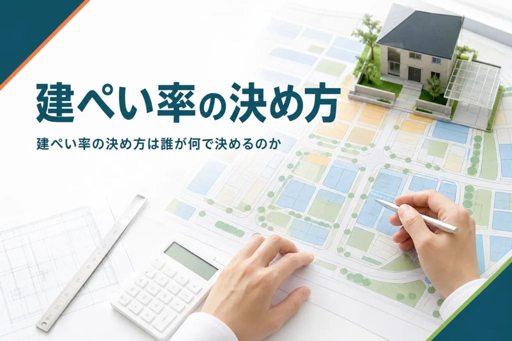 建ぺい率の決め方を紹介する記事のアイキャッチ。色分けされた地図と家の模型を置いた机