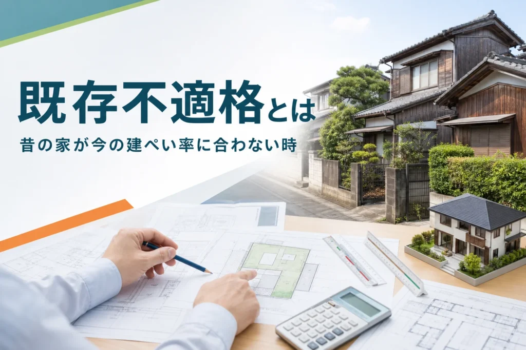 建ぺい率の既存不適格を紹介する記事のアイキャッチ。昔の家の外観と古い図面