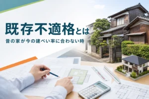 建ぺい率の既存不適格を紹介する記事のアイキャッチ。昔の家の外観と古い図面