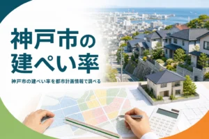 神戸市の建ぺい率の調べ方を紹介する記事のアイキャッチ。住宅街と色分けされた都市計画図