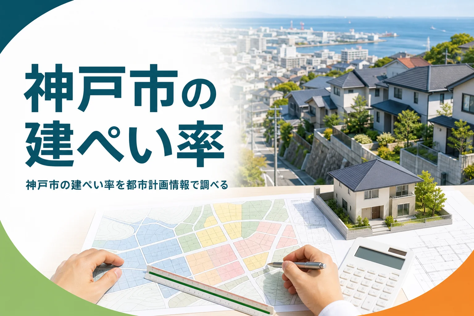 神戸市の建ぺい率の調べ方を紹介する記事のアイキャッチ。住宅街と色分けされた都市計画図
